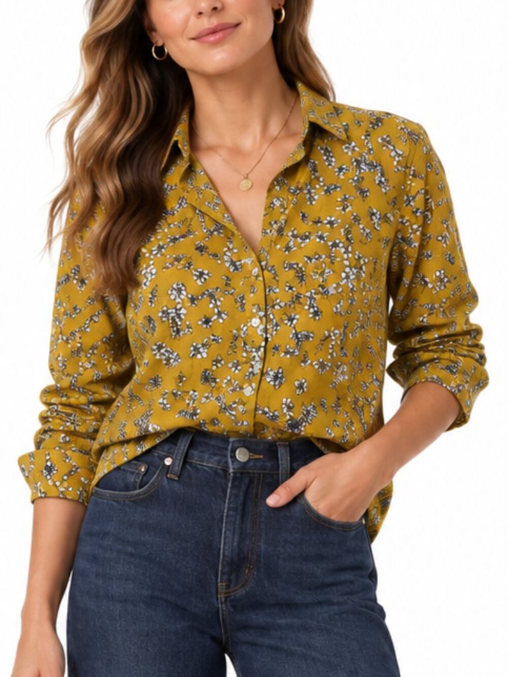 Banana Republic Print Classic Poplin Floral Button Down Shirt Mustard Size XL